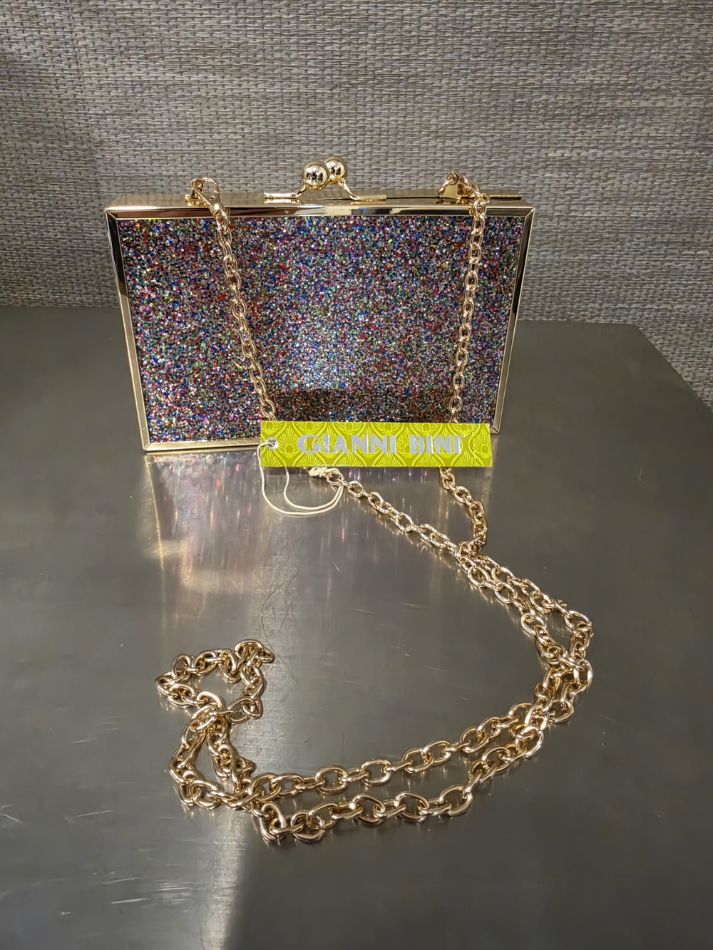 NWT Gianni Bini Multicolor Glitter Minaudiere Box Clutch Evening Bag Gold Chain